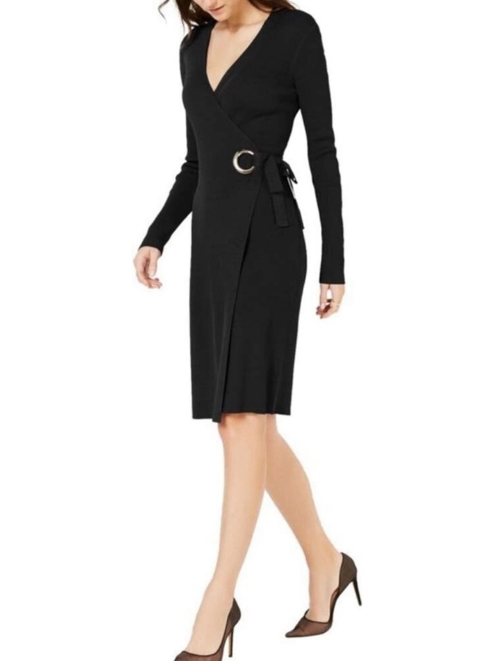 INC International Concepts Black Long-Sleeve Wrap Midi Dress with Side Ring